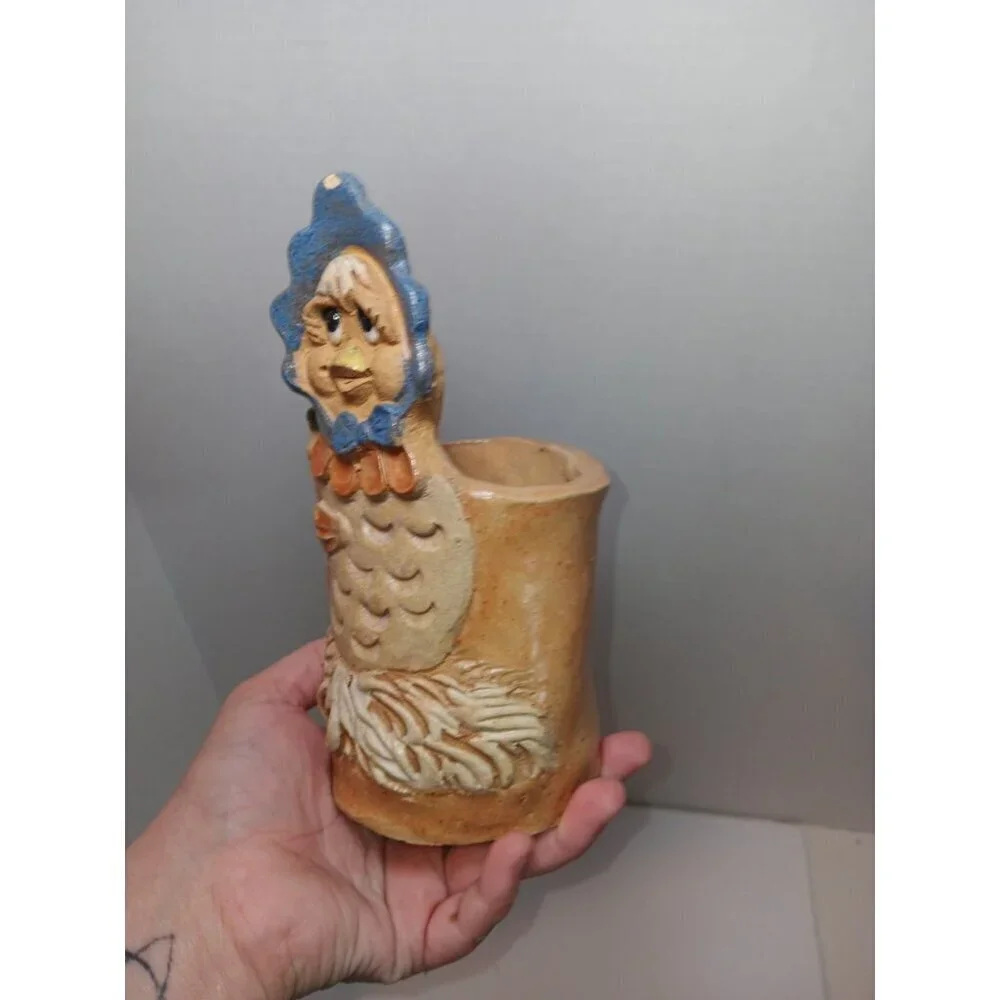 Chicken In Bonnet Pottery Utensil Holder/ Planter Whimsical Vintage Countrycore